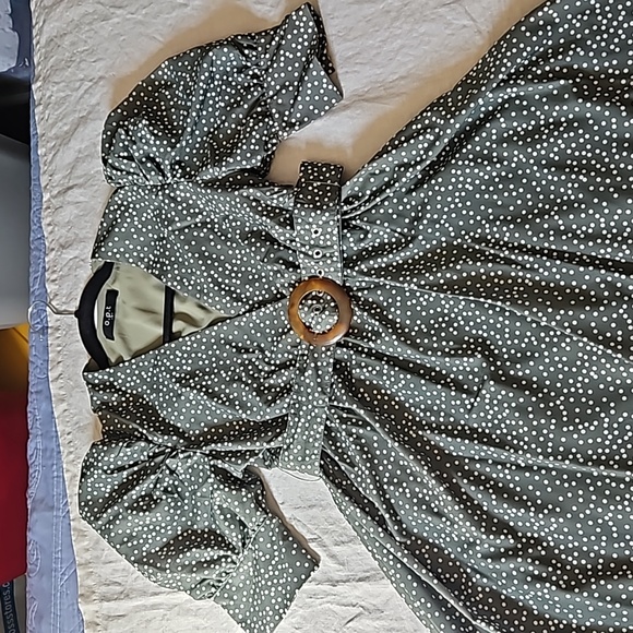 OPT Green Papin Short Balloon Sleeves Belted Midi Sundress Small Polka Dots - Picture 11 of 16